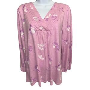 Style & Co. Large Top Purple Floral V-Neck Woven Pleats Long Sleeve Elastic Cuff